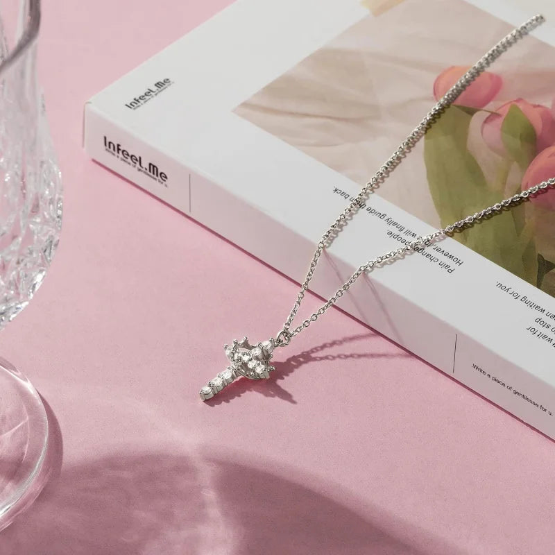 Dainty Crown Cross Gold Necklace