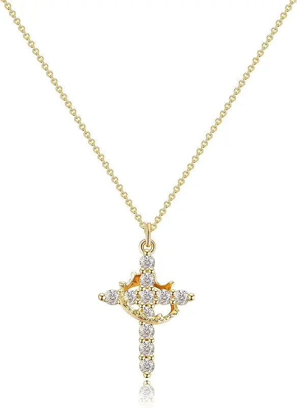 Dainty Crown Cross Gold Necklace